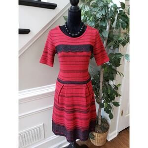 Just Taylor A Line Dress Womens Medium Red Black Striped Lace Detail Scoop Neck